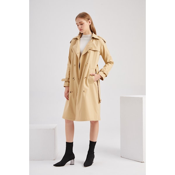 Kvinnors Trenchcoat Lång Dubbelknäppt Höstmode Klassisk Krage Slank Överrock khaki M