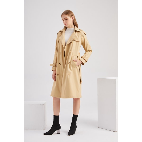 Kvinnors trenchcoat lång dubbelknäppt höstmode Klassisk tunn överrock khaki M