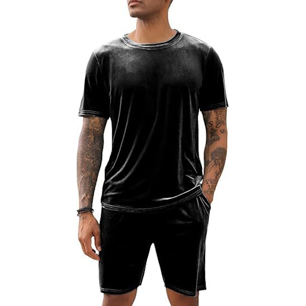 Män Velour Skjorta Pullover Shorts 2-Delad Outfit Spårkostym Black M