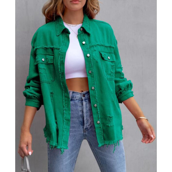 Mid-længde Hul Løstsiddende Denimjakke Kvinde Green M