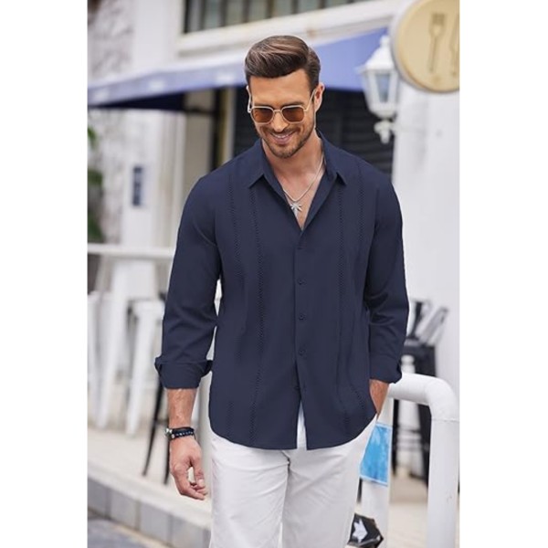 Herrar Cuban Guayabera Casual Knapp-Down Strandlinne Skjortor Blue S