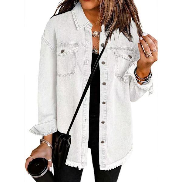 Dame Oversized Denimjakke Casual Lang Boyfriend Distressed Jeanshirt White M