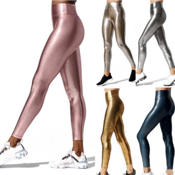 Metallic Leggings för kvinnor Glänsande byxor med hög midja Leggings blue M