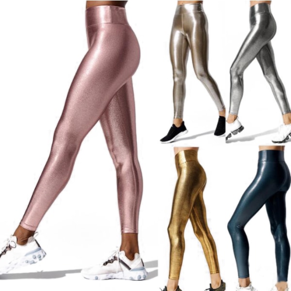 Metallic Leggings för kvinnor Glänsande byxor med hög midja Leggings gold M