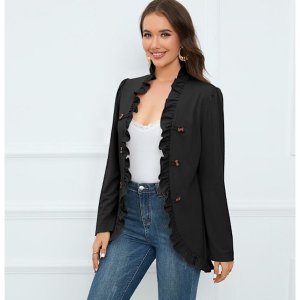 Kvinners Ruffled Lapel Knappelukking Jakke Black M