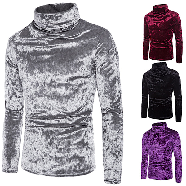 Herrar Sammet Långärmad Skjorta Turtleneck Slim Fit Topp Silver M