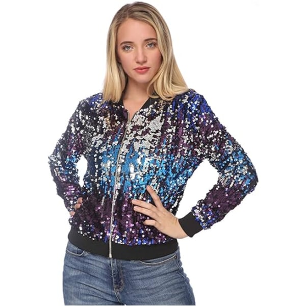 Kvinners Sequin Fitted Lang Ermet Glidelås Blazer Bomberjakke Blue M