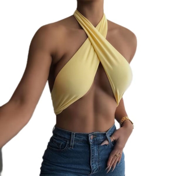 Sleeveless Cross Self Tie Backless Crop Top för kvinnor Yellow