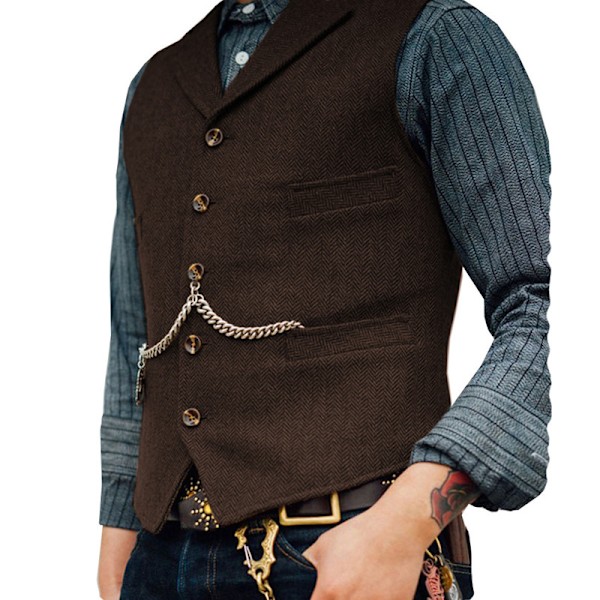 Herringbone tweed väst för män, retro V-ringning, ull, för bal Coffee M