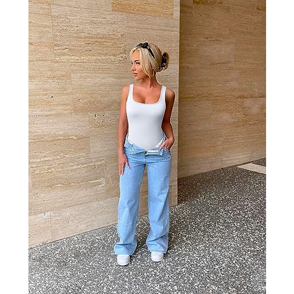 3-delt Bodysuit for Kvinner - Sexy Ribbet En-delt Tanktopp uten Ermer Black Grey White L