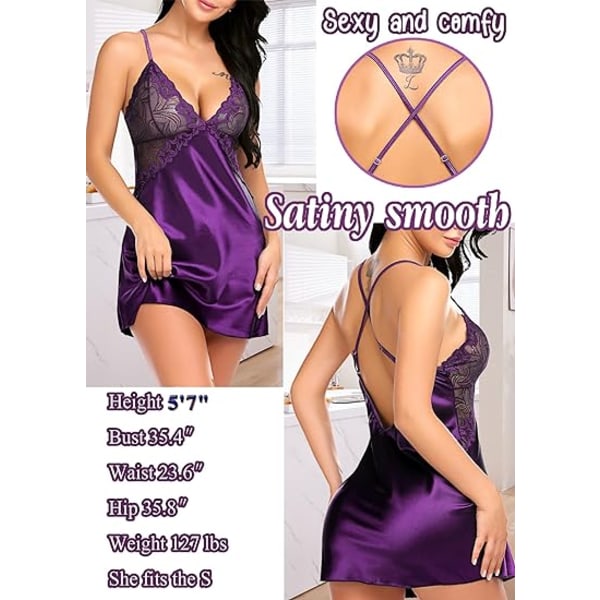 Kvinners Lingeri V-hals Nattkjole Blonder Satin Sleepwear Purple L