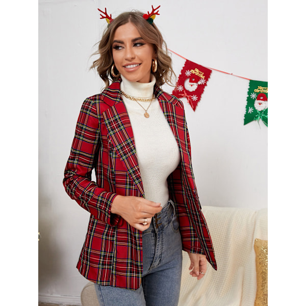Dame Blazerjakke med Hakket Lapel og Ternet Mønster M