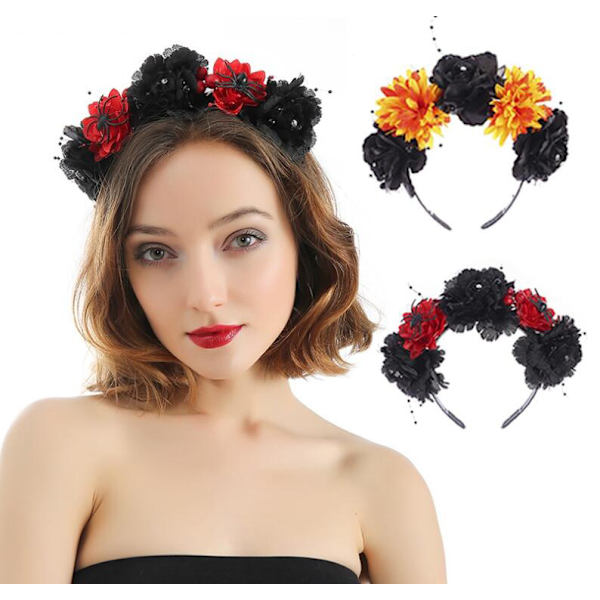 Halloween Blomsterhårband Falska Blomsterhuvudbonader Black-Red