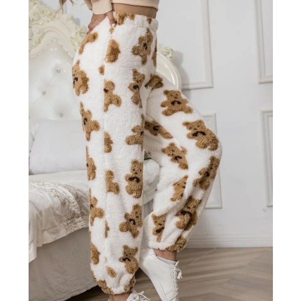 Naisten Pehmeät Lämpimät Pyjama Housut Fleecepuku Loungewear Pj Housut Brown+White L