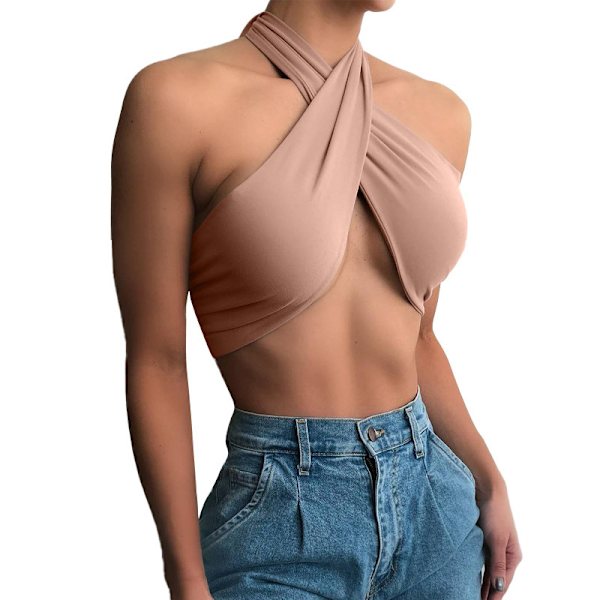 Sleeveless Cross Self Tie Backless Crop Top för kvinnor Khaki