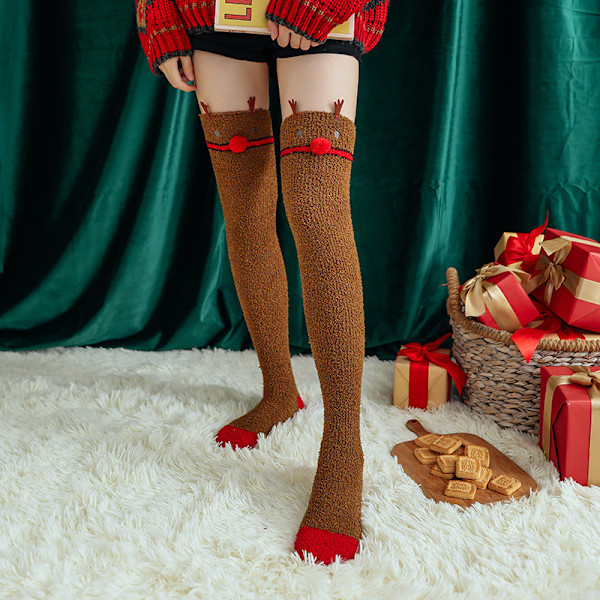 Dames Fuzzy Strømper med Tegneseriemotiv - Vintervarme Over Knæ Strømper Christmas Elk