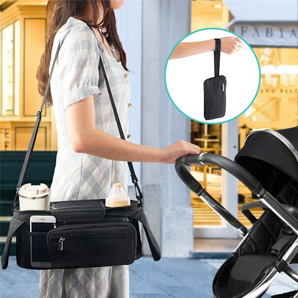 Universal Stroller Organizer med Isolerte Koppbærere og Avtakbar Telefonveske black
