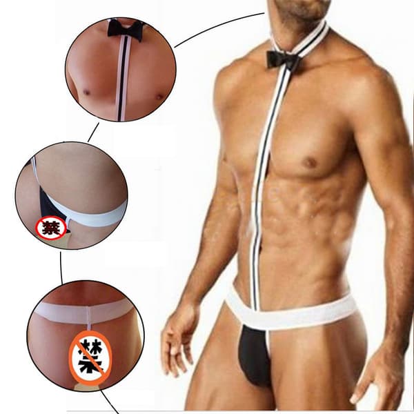Miesten tarjoilijan cosplay-solmiobodystringit Black