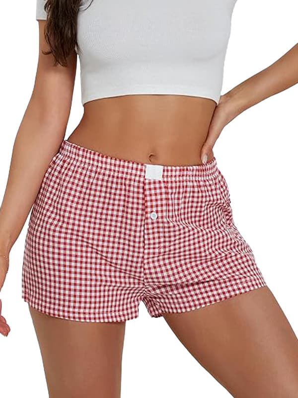 Dame Lounge Shorts Bløde Elastiske Lavtaljede Ternet Print Pyjamas Shorts Light Green L