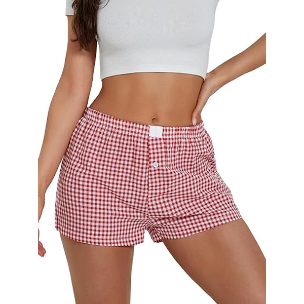 Dame Lounge Shorts Bløde Elastiske Lavtaljede Ternet Print Pyjamas Shorts Pink S