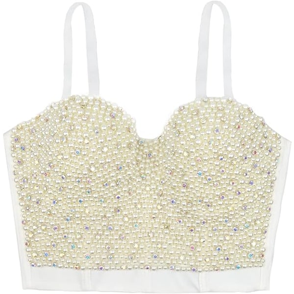 Sexy Perlebesat Rhinestone Bustier Crop Top White 36b