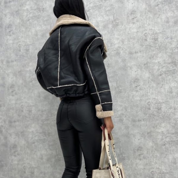 Naisten villainen lyhyt takki vetoketjullinen biker-takki Black L