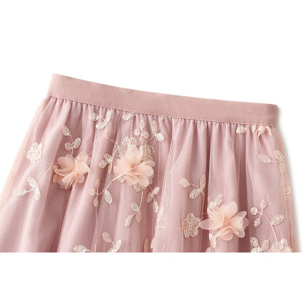 Dame Blomstret Midi Skørt Højtaljet A-Linje Sød Lagdelt Fe Mesh Tulle Plettet Skørt Apricot