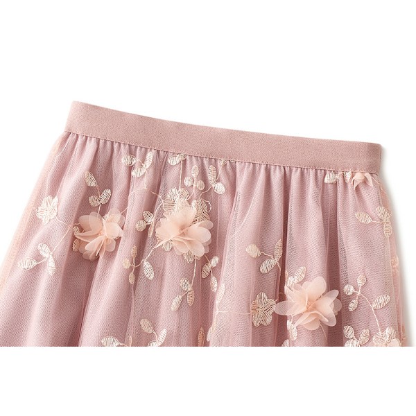 Damkjol Midi-kjol med Blommor Hög Midja A-linje Söt Lagerad Fe-Mesh Tulle Plisserad Kjole Apricot