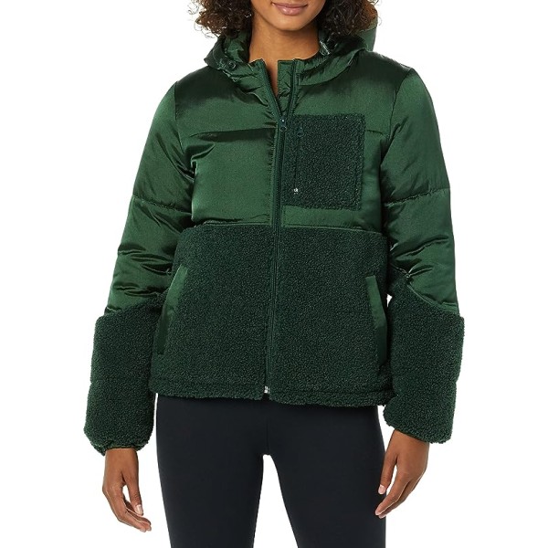 Vinterjakke for kvinner i sherpa-fleece med lappverk Dark Green L