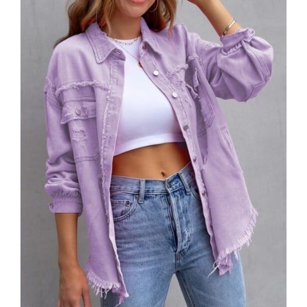 Midileng Løstsittende Denimjakke for Kvinner Purple XL