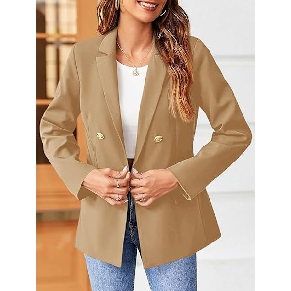 Dame Blazerjakke i Ensfarvet Casual Langærmet med Rever og Knapper Brown XL