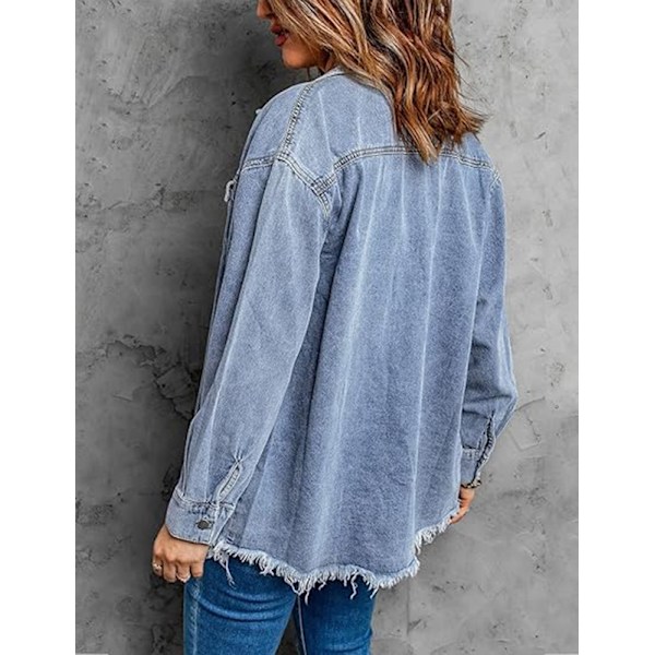 Oversized Denimjakke for Kvinner, Avslappet Lang Boyfriend Distressed Jeans Skjorte Light Blue L