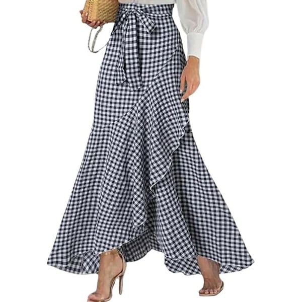 Dam Casual Rutig Sjöjungfru Maxi Kjol Navy Blue 4XL