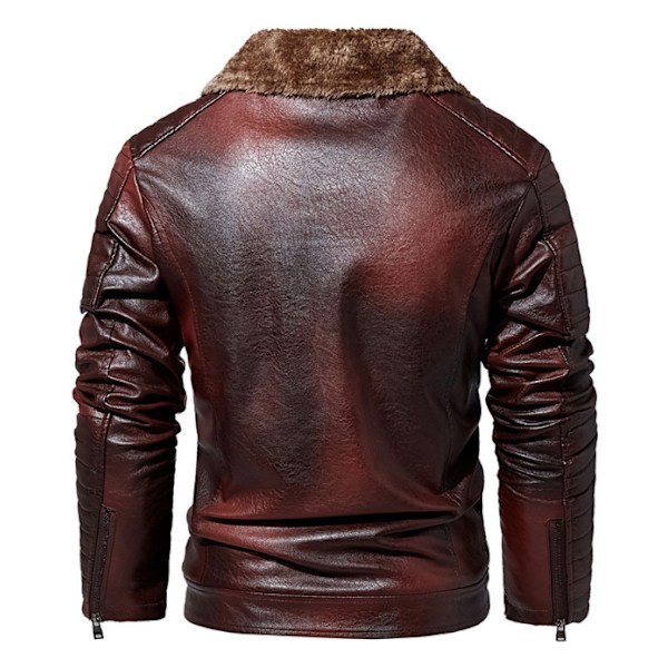 Menn's Basic Motorsykkeljakke med Lommer Fleecefôret Kunstlærjakke Jujube 3XL