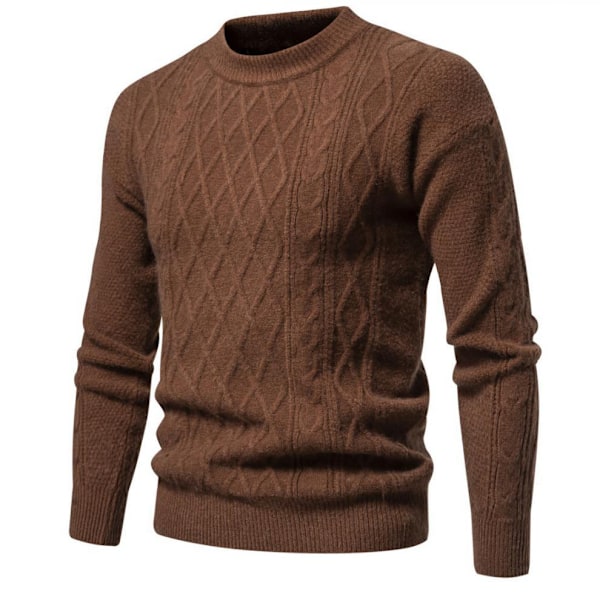 Herrar Rundhals Casual Pullover Tröja i Solid Färg Brown M