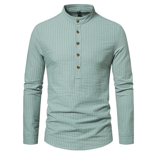 Hvit skjorte for menn med striper, stående krage og lange ermer Light green M