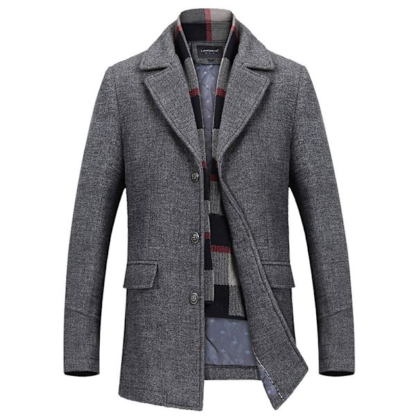 Herrar Ullblandning Peacoat med Avtagbar Mjuk Scarf Gray L