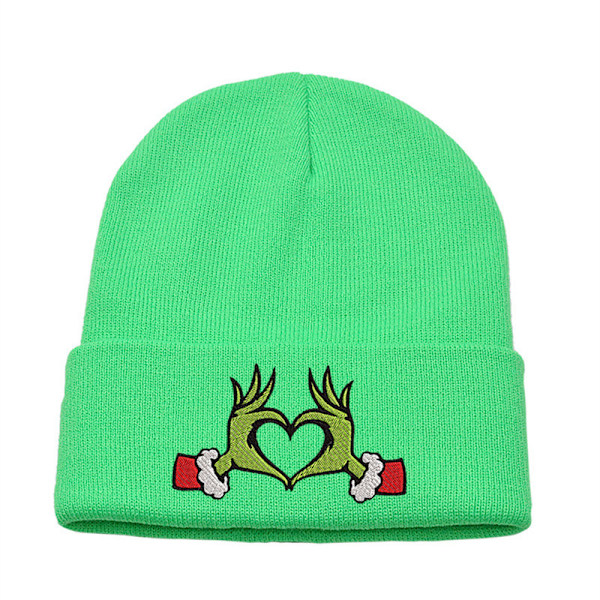 Broderad Beanie med Kant, Rolig Hatt, Varma Julhatt Green 1