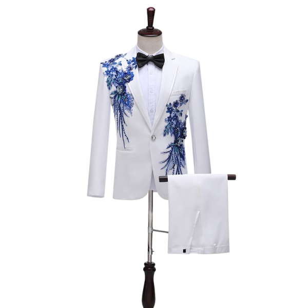 Herrar Sequin Kostym 2-delad Set Enknappig Blazer Outfit White L