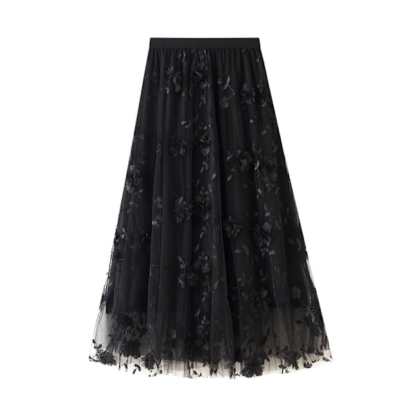 Damkjol Midi-kjol med Blommor Hög Midja A-linje Söt Lagerad Fe-Mesh Tulle Plisserad Kjole Black