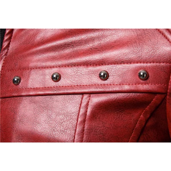 Herrar Zippade Avtagbar Pälskrage Jacka, Läder Vintage Steam Punk Retro Rockjacka Red M