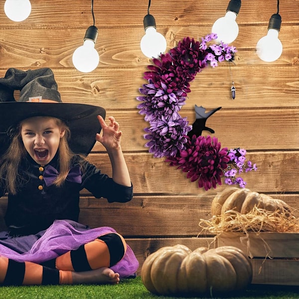 Halloween Halvmånekrans med Lys, Sort Måneblomst og Kattekrans Style 4