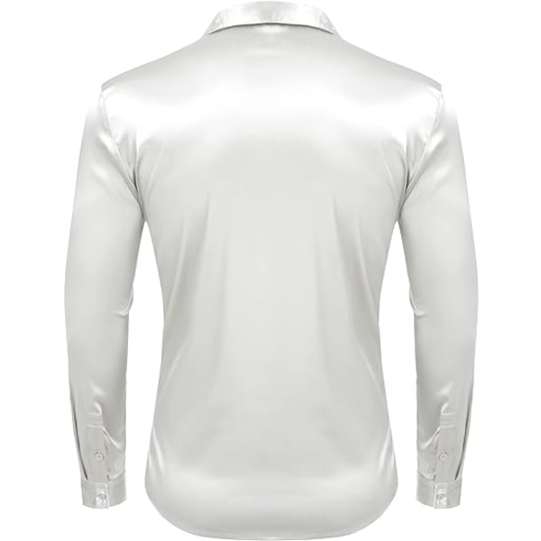 Långärmade klänningskjortor i sidensatin för män Glänsande Casual Button Down-skjorta White S