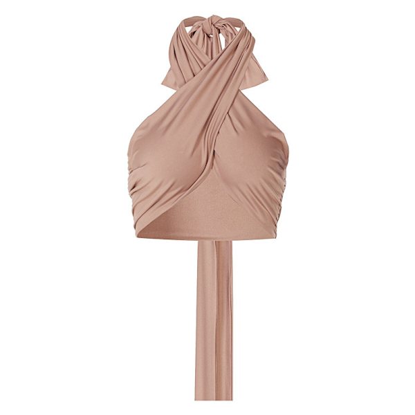 Sleeveless Cross Self Tie Backless Crop Top för kvinnor Khaki