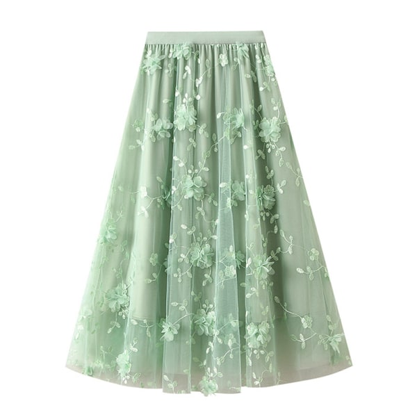 Damkjol Midi-kjol med Blommor Hög Midja A-linje Söt Lagerad Fe-Mesh Tulle Plisserad Kjole Green