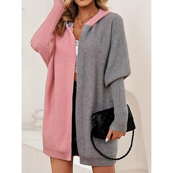 Dame Langærmet Hættetrøje Strikket Cardigan med Åben Front Pink XL