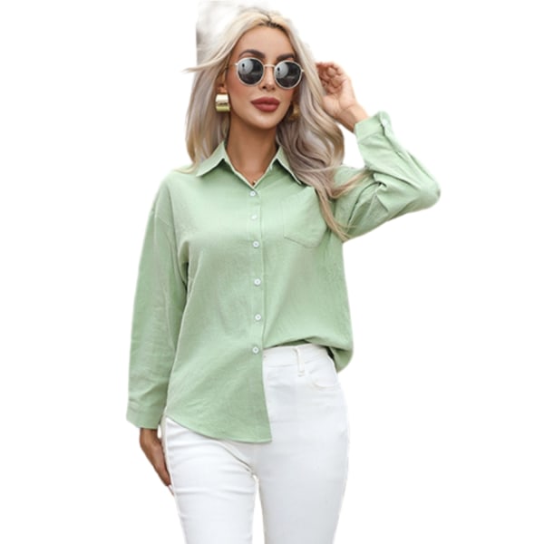 Enfärgad casual bomullsskjorta för kvinnor Green M