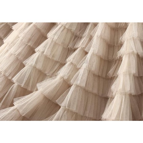 Dame Lang Maxi Tulle Skjørt A-Linje Ruffle Mesh Højtaljet Skørter Underkjole Beige XL