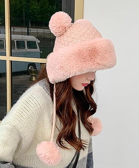 Vinterlue med fluffy strikk for kvinner Pink