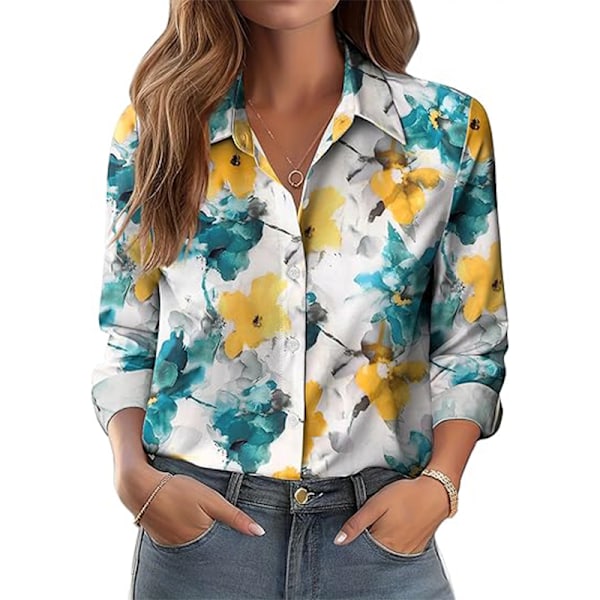 Dam Skjortor med Knappar Blommig Tryck Långärmad Vardaglig Topp Yellow Blue L